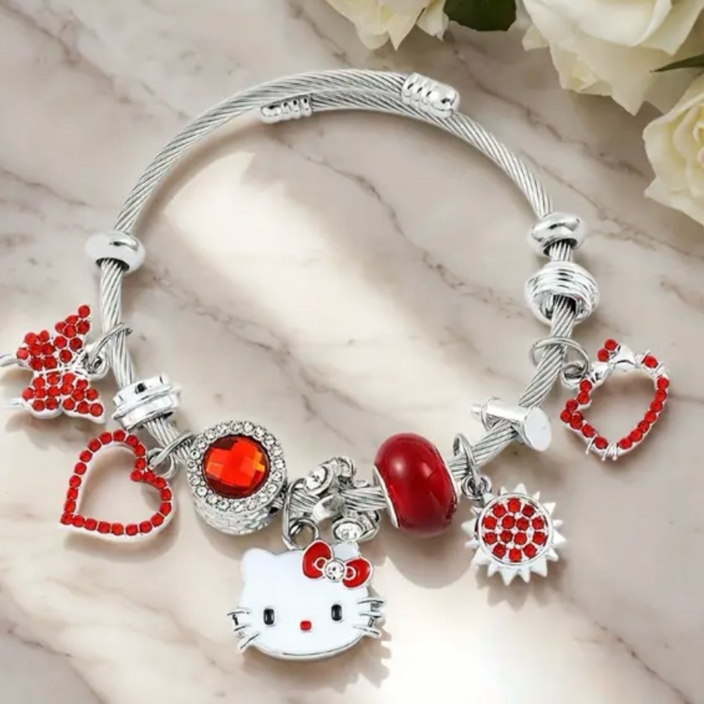 Hello Kitty Charm Bracelet with Red Accents & Silver Cable Bangle - Picture 3 of 6